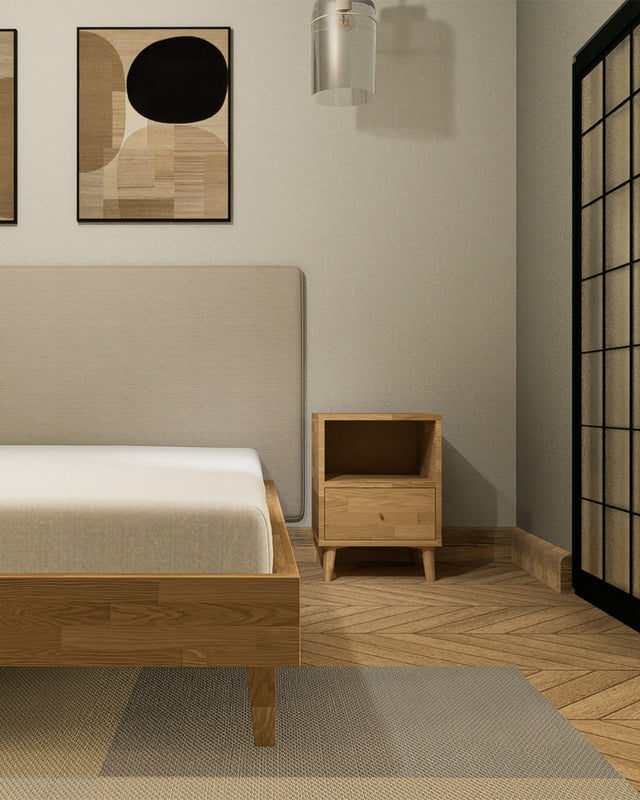 Łóżko Slim berke dębowe drewniane do sypialni minimalistycznej ocieplonej naturalnym drewnem