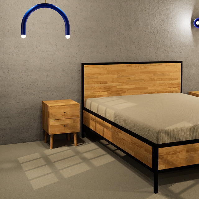 Łóżko industrialne drewniane z metalową ramą 2