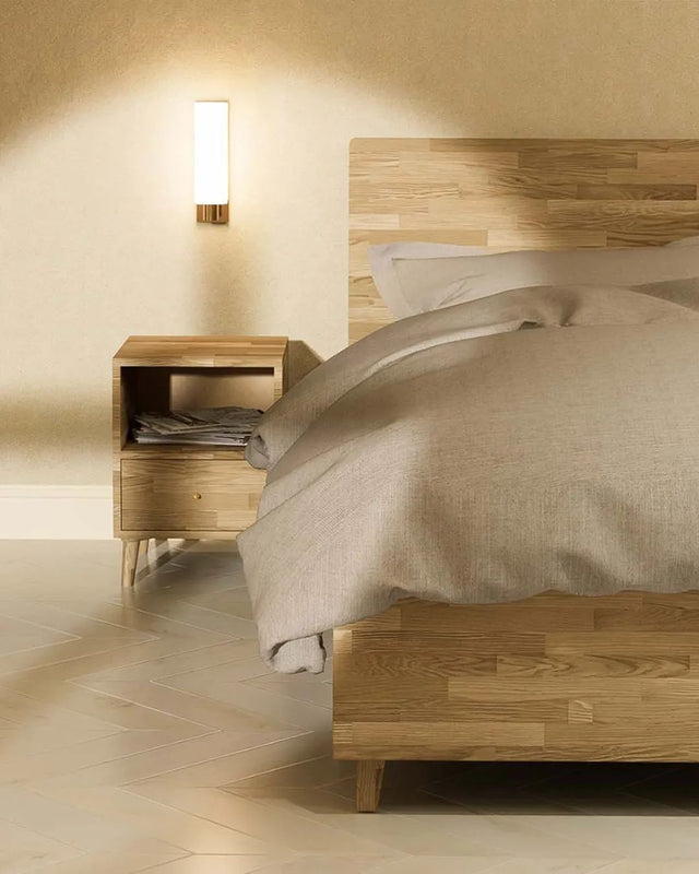 Łóżko drewniane dębowe ze skrzynią na pościel z pojemnikiem do przechowywania 9